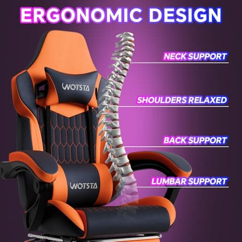 WOTSTA Gaming Chair with Footrest, High Back Gaming Chairs PVC Leather Ergonomic Gamer Chair with Adjustable Headrest Lumbar Support Racing Style Video Gaming Chair for Office/Home (Black Orange) 5