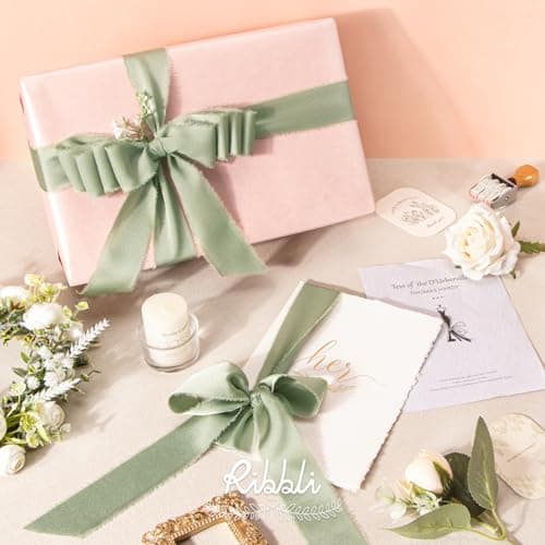 Ribbli Dusty Sage Green Silk Satin Ribbon 1.5 Inch x 30 Yard Handmade Frayed Chiffon Dusty Sage Ribbon for Gift Wrapping Wedding Invitations Bridal Bouquets Home Decor 5