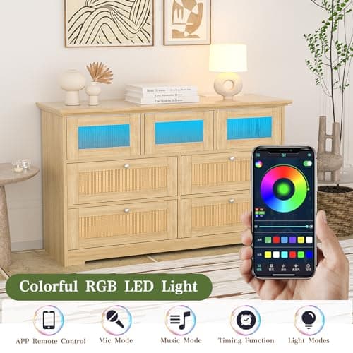 Yeyawomy Dresser for Bedroom, 7 Drawers Rattan Dresser with LED Light and Charging Station,Dressers & Chests of Drawers,Wooden Long Dresser for Bedroom and Living Room 3