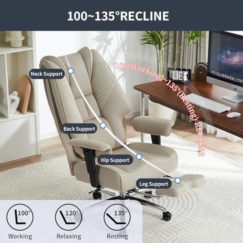 EXCEBET Big and Tall Office Chair 400lbs Wide Seat, Leather High Back Executive Office Chair with Foot Rest, Ergonomic Chairs Lumbar Support for Lower Back Pain Relief (Mesh Dark Beige) 5
