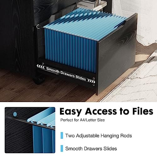 Sweetcrispy 3-Drawer File Cabinet, Lateral Mobile Filing Cabinet Wood Storage Organizer with Wheels, Printer Stand & Open Shelves for Home Office Under Desk Organization - Modern Black 5