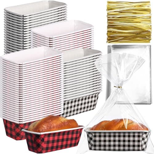 Teenyyou 50 Sets Christmas Paper Loaf Pan 6.3 x 2.2 x 2.2 Inch Mini Disposable Bread Pans with Clear Plastic Bags and Ties Rectangle Baking Mold Loaf Containers for Bread Cake Baking (Plaid Style)