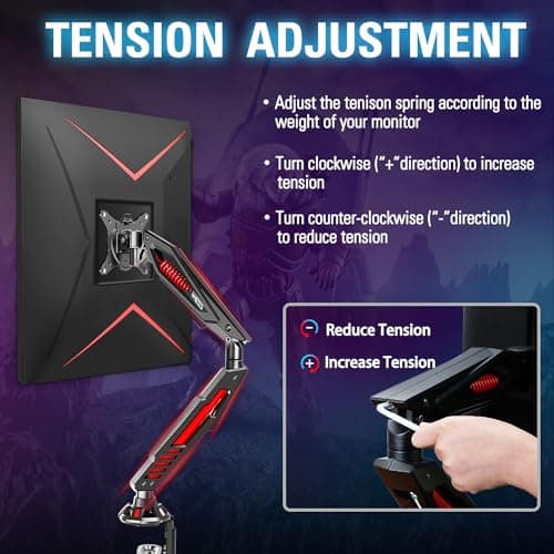 MOUNT PRO Single Gaming Monitor Stand - Mechanical Spring Display Mount, Adjustable Gaming Monitor Arm with C Clamp and Grommet Mounting Base - Fits for Computer Screen up to 32”, VESA 75x75, 100x100 7