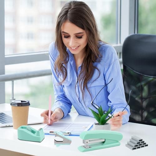 EOOUT 9pcs Teal Office Supplies Set, Teal Desk Accessories, Stapler and Tape Dispenser Set for Women with Staple Remover, Staples, Clips, Scissor and Tabs for Students, Office Clerks 6