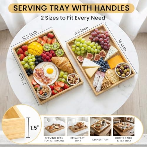 BABONIE Bamboo Serving Tray with Handles Set of 2 - Decorative Wooden Trays for Eating, Working, and Storing, Suitable for Use in Bedroom, Living Room, Kitchen, Bathroom, Outdoor Scenarios and More 2