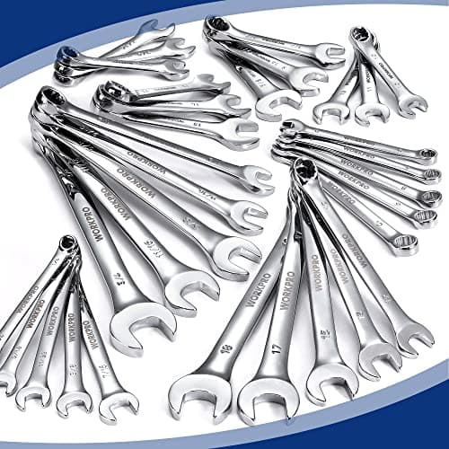 WORKPRO 32-Piece SAE & Metric Combination Wrenches Set, 20-Piece Standard wrenches and 12-Piece Stubby Wrenches with Organizer Tray, Cr-V Steel Mirror Chrome Polished 8