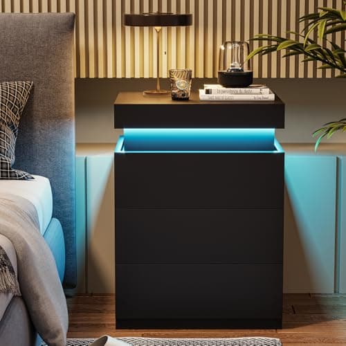 ADORNEVE Nightstand with Charging Station and LED Lights,Night Stand with Sliding Top,Bedside Table with Drawers,Modern End Side Table for Bedroom,Black