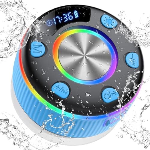 Bluetooth Shower Speaker, IP7 Waterproof Portable Bluetooth 5.3 Speakers with Suction Cup, Mini Wireless Speaker with RGB Lights Time Display, Loud Stereo Sound for Bathroom Beach Outdoor Party, Blue