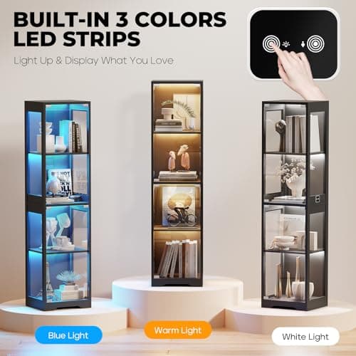 BROTTAR Glass Display Cabinet, 4-Tier Curio Cabinets with 3 Color Lights for Collectibles, Storage Cabinet with Door, Glass Display Case & Bookcase with Human Body Sensor, Black 5