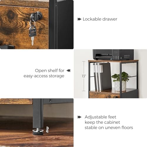 VASAGLE File Cabinet for Home Office, 2-Drawer Filing Cabinet with Lock, Open Shelf, Printer Stand, for A4 and Letter Sized Files, Adjustable Feet, Industrial, Rustic Brown and Ink Black UOFC045B01 6