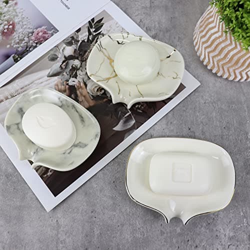 Polyroyal White Soap Dish Ceramic Self Draining Soap Dish Waterfall Slot Gold Edge Bathroom Accessories for Bathroom, Kitchen,Bar Counter 8