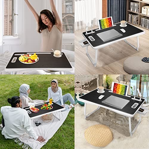 Laptop Bed Table, Lap Desk for Bed, Foldable Laptop Bed Desk with USB Charge Port, Handle, Desktop Card Slot, Cup Slot, Side Drawer, Portable Laptop Table for Bed Eating Reading Working 7