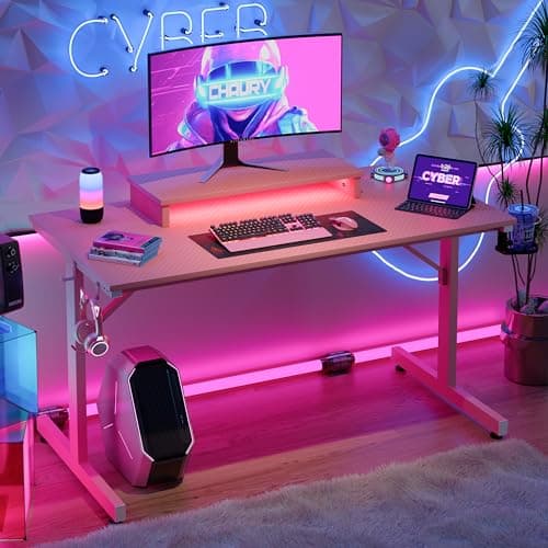 Bestier 42 inch Pink Gaming Desk with Monitor Stand, LED Computer Desk, Gamer Workstation with Cup Holder & Headset Hooks, Modern Simple Style Desk for Girls Kids