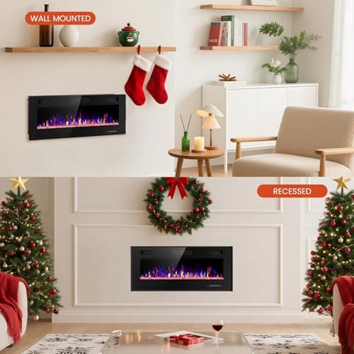 Electactic Electric Fireplace 42 inch, Recessed and Wall Mounted Electric Fireplace with Remote Control, Fireplace Heater, Linear Fireplace with Timer, Adjustable Flame Color, 750w/1500w, Black 8