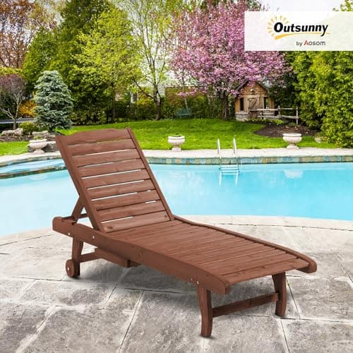 Outsunny Chaise Lounge Chair Outdoor Wooden Pool Lounge Chair with 3-Level Adjustable Backrest, Built-in Table and Rolling Wheels, Sun Tanning Chair for Beach Poolside Sunbathing, Brown Red 2