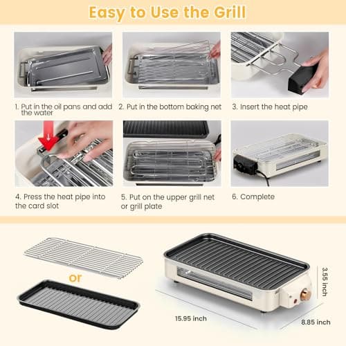 Electric Indoor Grill 1500W, YOHAWJAN 2 in 1 Smokeless Indoor Grills with Non-stick Removable Grill & Griddle Plate, Temperature Control, Portable Korean BBQ Grill with 3 Raclette Cheese Pans 9