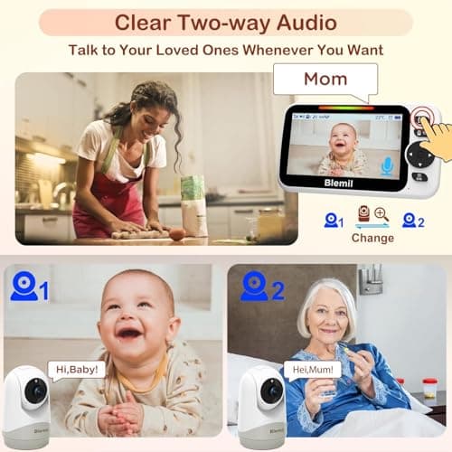 Blemil Upgrade Baby Monitor with 30-Hour Battery, 5" Large Split-Screen Video Baby Monitor with 2 Cameras and Audio, Remote Pan/Tilt/Zoom, Two-Way Talk, Room Temperature, Night Vision, 1000ft Range 6