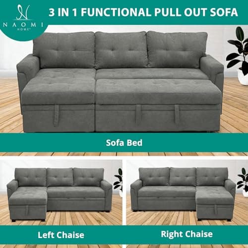 Naomi Home Transform Any Space: Sleeper Sectional Sofa with Convertible Sofa Bed & Inviting Chaise. Find Tranquil Comfort with Stress-Relieving Design & Durable Cushions - Gray/Velvet 8
