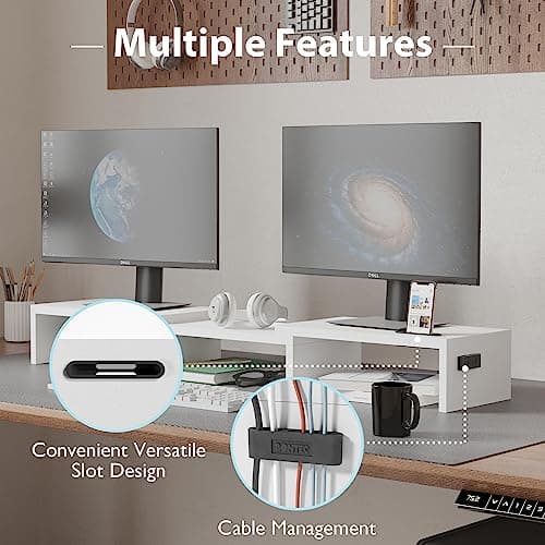 BONTEC Dual Monitor Stand Riser with Smartphone Holder, Adjustable Length & Swivel Angle, Ergonomic Wooden Desktop Organizer for PC Monitor, Laptop, Printer, Large Storage, White 6