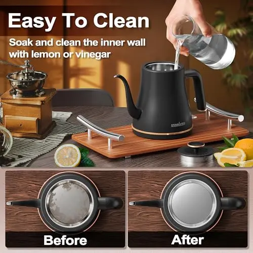 Stariver Gooseneck Electric Kettle, 0.8L Electric Tea Kettle Tea Pot, Pour Over Coffee Kettle with Stainless Steel Inner Lid & Bottom, Water Boiler with Auto Shut Off and Boil Dry Protection, Black 7
