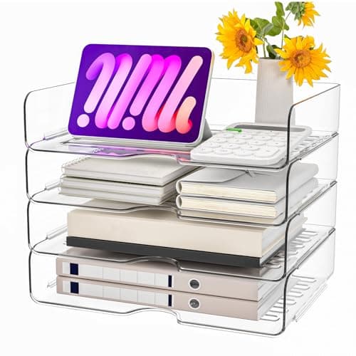 Paper Organizer Letter Tray, 4 Pack Acrylic Stackable Desk File Organizer,Versatile Clear Office Organizer for File Paper, Ipad, Letter, A4 Office File, Books, Notes, Etc