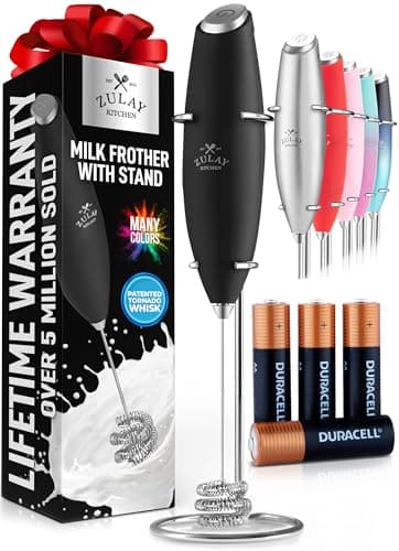 Zulay Kitchen Patented Tornado Triple Whisk Milk Frother with 4 Duracell Batteries – Handheld Foam Maker for Coffee, Lattes, Matcha & Hot Chocolate – Rich, Creamy Froth in Seconds