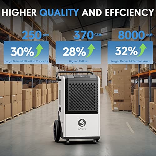 ANDTE 250 Pints Commercial Dehumidifier with Drain Hose, 8,000 sq ft,Indurstrial Dehumidifiers for Basements and Large Space Commercial Grade Dehumidifier,24 Hr Timer，31.2 Gallon/Day. 5