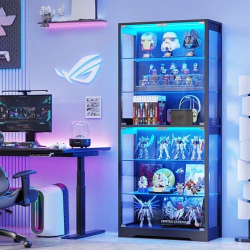 BROTTAR Display Cabinet with Glass Door, 6-Tier 71" Curio Cabinet with 3 Color Lights for Collectibles, Display Case with Adjustable Glass Shelves, Human Body Sensor, Storage Cabinets, Black 8