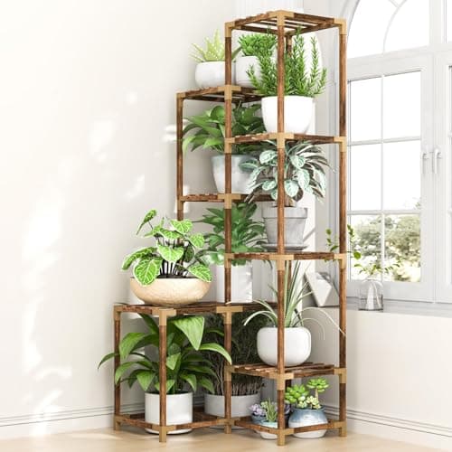 HOMKIRT 10 Tier Tall Corner Plant Stand Shelf Indoor Outdoor, Large Wood Plant Rack Holder Ladder Flower Stand Display for Living Room Patio Porch Garden Window