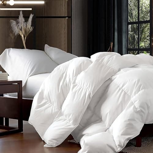 Luxurious Oversized Super King 120" x 120" Size Goose Down Fiber Waterfowl Feather Fiber Comforter Duvet, 100% Egyptian Cotton Cover, 90 oz. Fill Weight, Baffle Box Design, White Solid