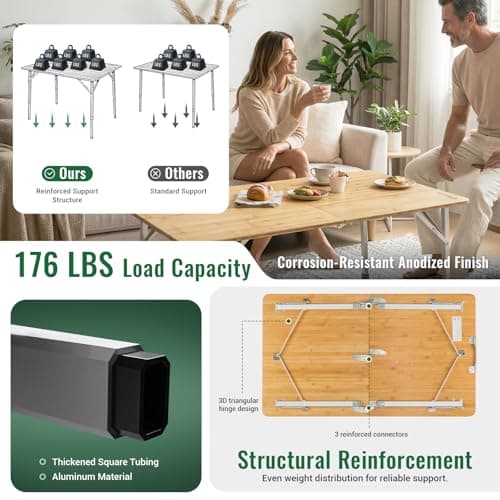 KingCamp Bamboo Folding Table, Camping Outdoor Portable Camp Table with Adjustable Height legs & Carry Bag for Outdoor RV Backyard Picnic Tailgating Beach 8