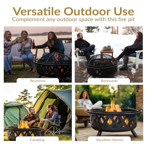 Sunnydaze Crossweave Outdoor Fire Pit - Wood-Burning Fire Pit for Outside with Spark Screen, Poker and Round Cover - 36-Inch - Black 6