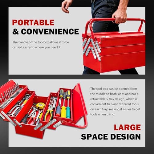 YATOINTO Metal Cantilever Tool Box 18 Inch, 3 Layers 5 Tray Portable Fold Out Tool Box Organizer Storage for Home Studio Auto Repair Factory 18" * 8 "* 8" 5