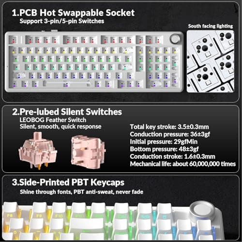 AULA F99 Pro Wireless Mechanical Keyboard-Silent Version,BT5.0/2.4GHz/USB-C Hot Swappable Custom Keyboard,Gasket Structure,Pre-lubed Linear Switches RGB Backlit Computer Gaming Keyboards,White 5