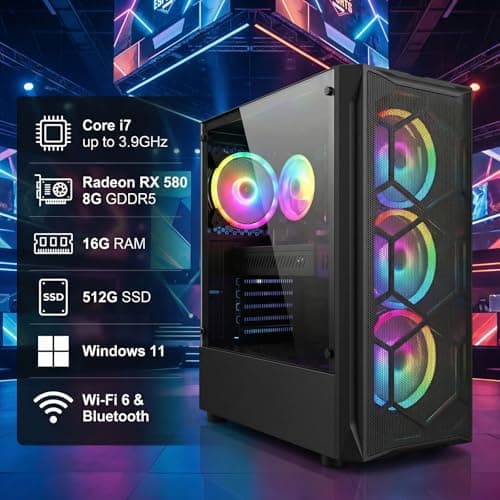 STGAubron Gaming PC Desktop Computer, Intel Core i7 up to 3.9GHz, Radeon RX 580 8G, 16G RAM, 512G SSD, WiFi 6, BT 5.0, RGB Fan x4, Windows 11 Home 2