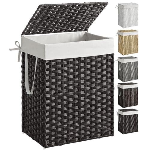 SONGMICS Laundry Hamper with Lid, 23.8 Gallon (90 L) Synthetic Rattan Clothes Laundry Basket with Lid and Handles, Foldable, Removable Liner, Black ULCB51BK