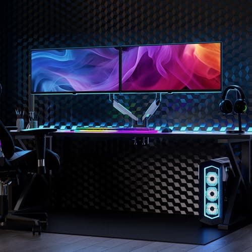 Mount-It! Heavy Duty Dual Monitor Arm up to 35 in. 44 lbs Screens, RGB Lights, 75x75 100x100 VESA Desk Mount for 2 Widescreen Curved Monitors 27 32 34 35 inches, Gas Spring, Clamp, Grommet, RGB Lights 5