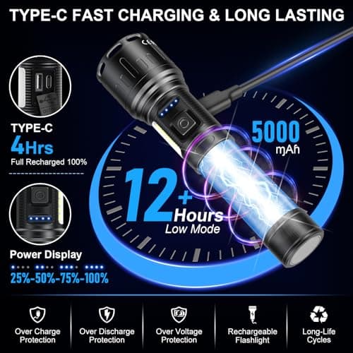 Rechargeable Magnetic Flashlights 100,000 High Lumens, Super Bright LED Powerful Flashlight 8 Modes with COB Work Light, Waterproof Handheld Flash Light for Camping (2 Pack with Leather Box, Black) 5