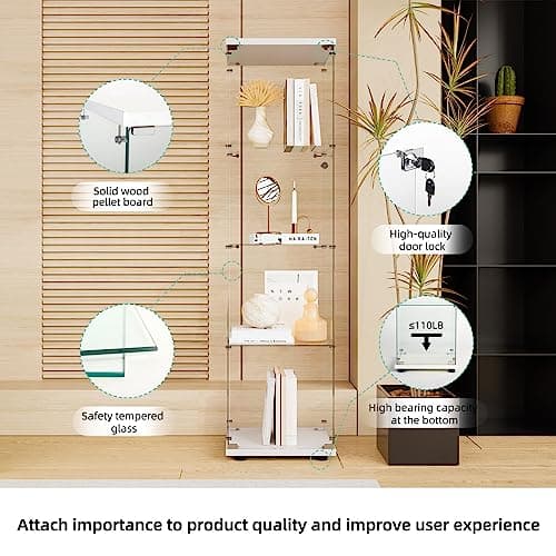 FLYMUHJIA Curio Cabinet Glass Display Case for Collectibles with 4-Shelf Display Shelves, 64.2'Hx16.9''Lx14.6''W White 6