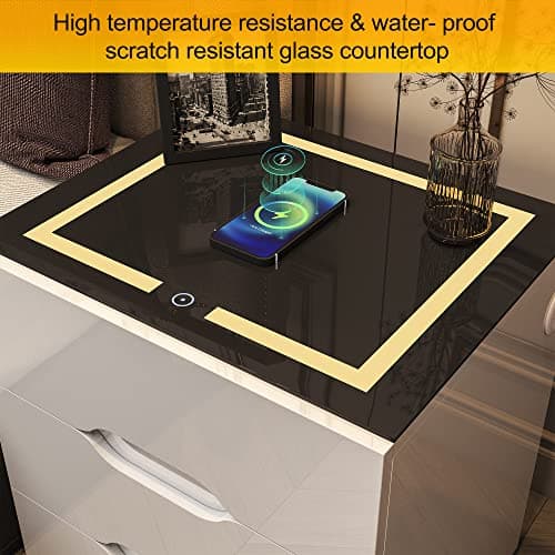 kepptory White Smart Nightstand with Wireless Charging Station & Adjustable LED Lights, High Gloss End Table with 3 Drawers & USB Charging, Bedside Table Organizer for Bedroom Use 9