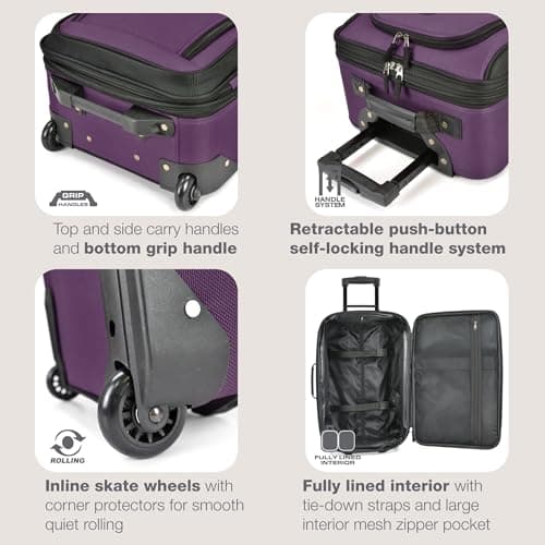 U.S. Traveler Rio Lightweight Softside Rolling Carry-on Suitcase, 2-Wheel Single, Purple 6