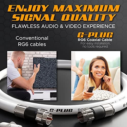 G-PLUG 10FT RG6 Coaxial Cable Connectors Set - High-Speed Internet, Broadband and Digital TV Aerial, Satellite Sky Cable Extension- Weather-Sealed Double Rubber O-Ring and Compression Connectors White 6