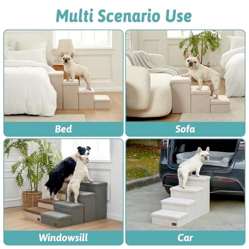 Dog Stairs with Storage, 4-Step Wider Sturdy Dog Steps for Small/Medium/Large Dogs and Older Cats, Folding Doggie Ramp for Bed/Couch/Car Hold Up to 180 lbs (22" H, Beige) 5