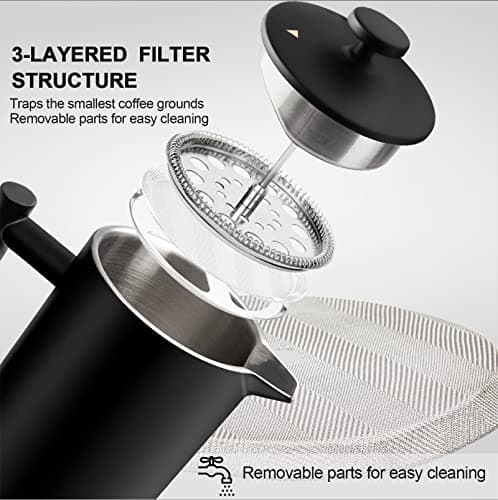 Secura French Press Coffee Maker, 304 Grade Stainless Steel Insulated Coffee Press with 2 Extra Screens, 34oz (1 Litre), Black 4