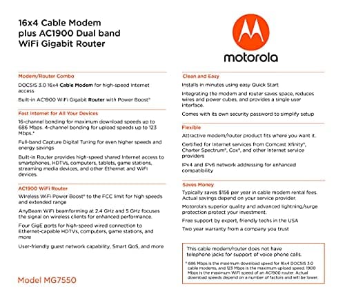 Motorola MG7550 16x4 Cable Modem Plus AC1900 Dual Band WiFi Gigabit Router with Power Boost and DFS, 686 Mbps Maximum DOCSIS 3.0 - Approved by Comcast Xfinity, Cox, Charter Spectrum, More (Black) 8