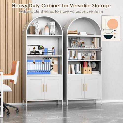VEXPOR 73" Tall Metal Arched Bookcase with Doors, 5-Tier Arched Bookshelf with 2 Adjustable Shelves for Living Room, Home Office, Assembly Required, White, 15.35" D x 30.71" W x 72.83" H 9