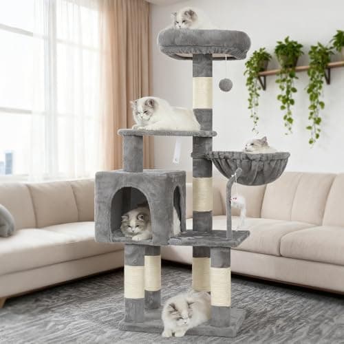 Heybly Cat Tree with Toy, Cat Tower Condo for Indoor Cats, Cat House with Padded Plush Perch, Cozy Hammock and Sisal Scratching Posts, Light Gray HCT004SW 9