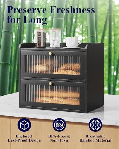 Kitsure Bread Box - 2-Tier Bamboo Bread Box for Kitchen Countertop, Bread Storage Container with Magnetic Acrylic Door, Pantry Organizers and Storage for Loaves, 15" x 9.8" x 13.2", Black 5