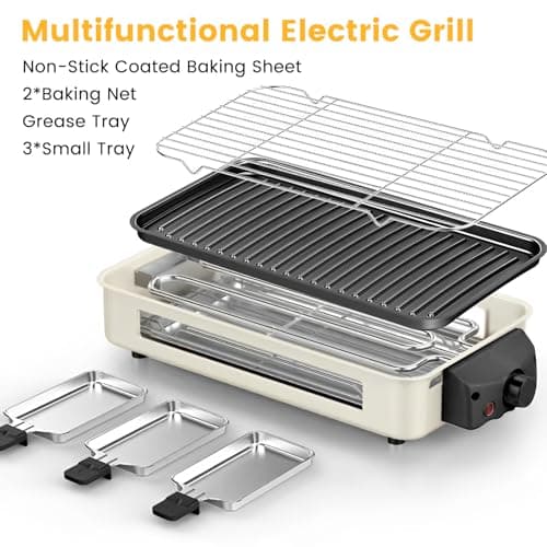 Electric Indoor Grill 1500W, YOHAWJAN 2 in 1 Smokeless Indoor Grills with Non-stick Removable Grill & Griddle Plate, Temperature Control, Portable Korean BBQ Grill with 3 Raclette Cheese Pans 7