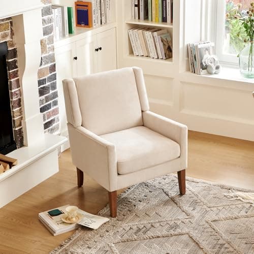 COLAMY Modern Wingback Living Room Chair, Upholstered Fabric Accent Armchair, Single Sofa Chair with Lounge Seat and Wood Legs for Office/Bedroom/Reading Spaces, Beige 5